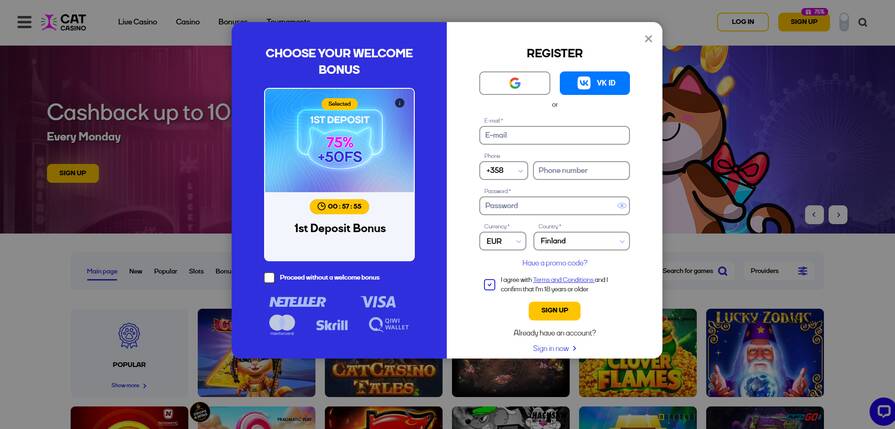 Онлайн казино Cat регистрация
