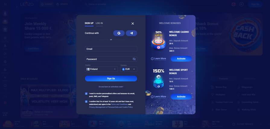 Онлайн казино Legzo регистрация