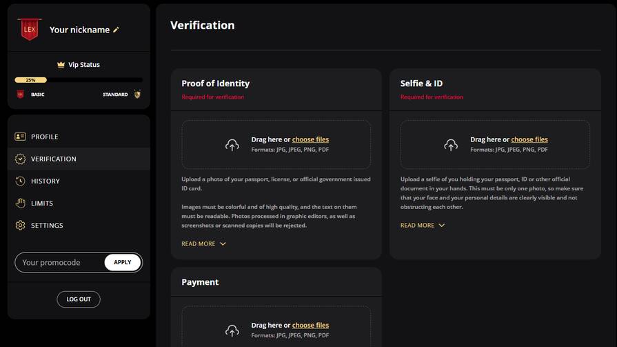 Онлайн казино Lex верификация