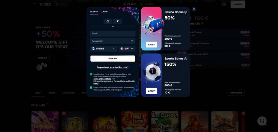 Онлайн казино Gizbo регистрация