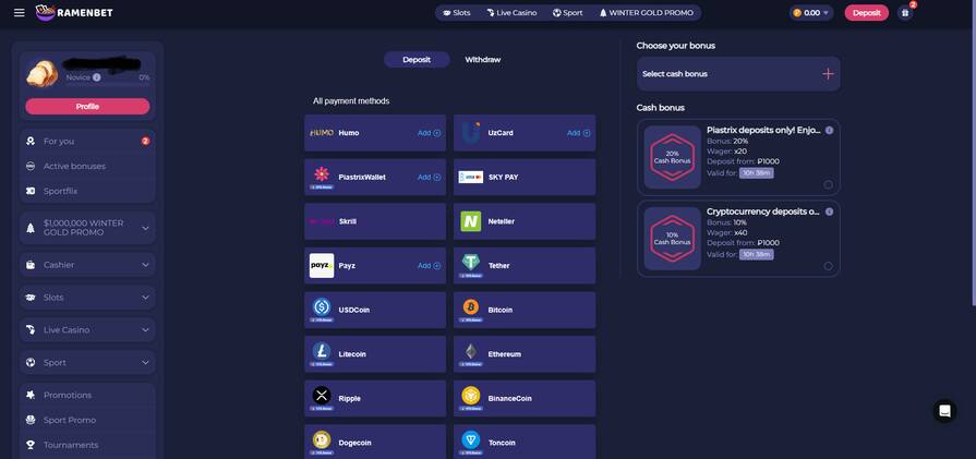 Онлайн казино Ramenbet платежки