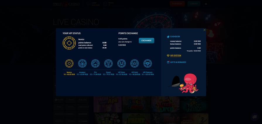 Онлайн казино Sprut уровни лояльности