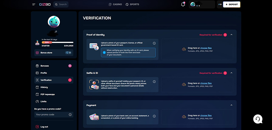 верифицировать профиль в gizbo