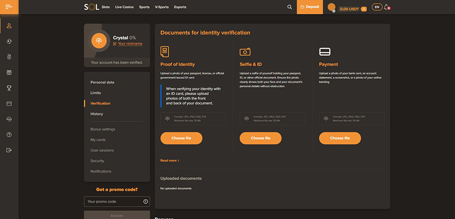 верификация в sol casino