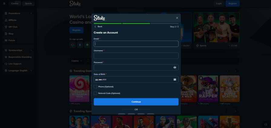 Онлайн казино Stake регистрация