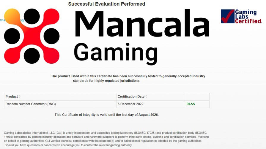 Mancala Gaming сертификаты