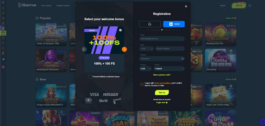 Онлайн казино Gama регистрация