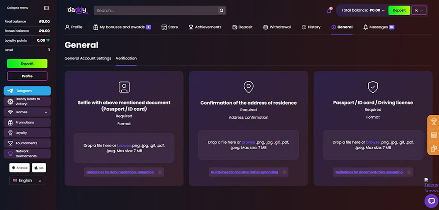 верификация daddy casino