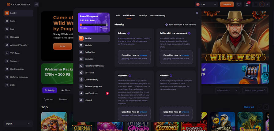верификация unlim casino