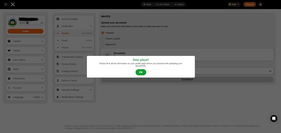 верификация casino x