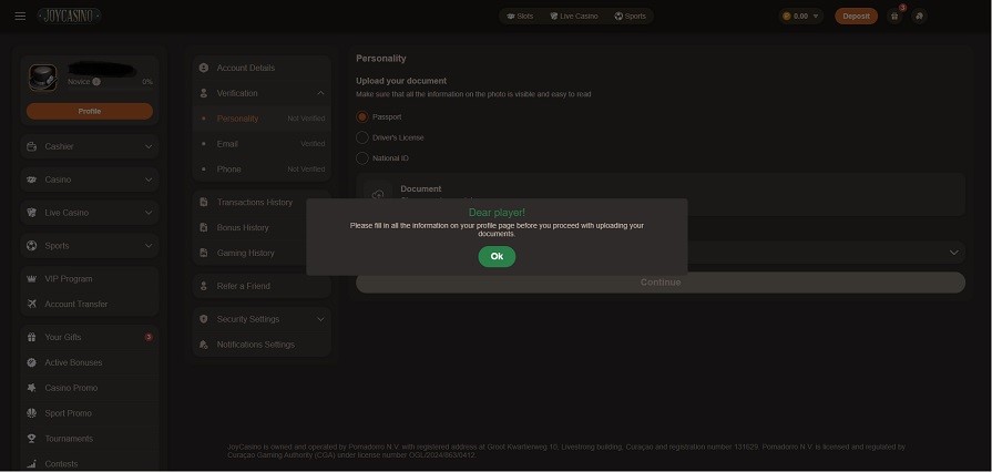 верификация joycasino