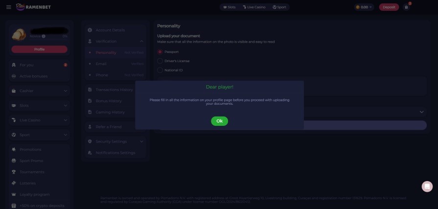 верификация ramenbet