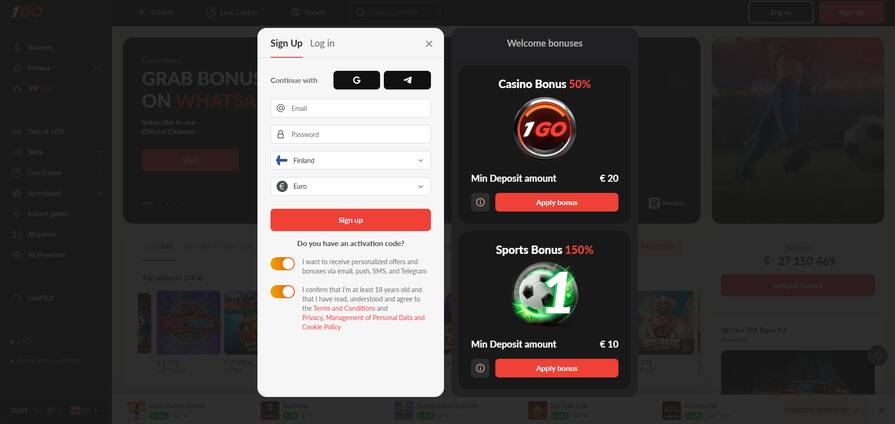 1Go – регистрация в казино