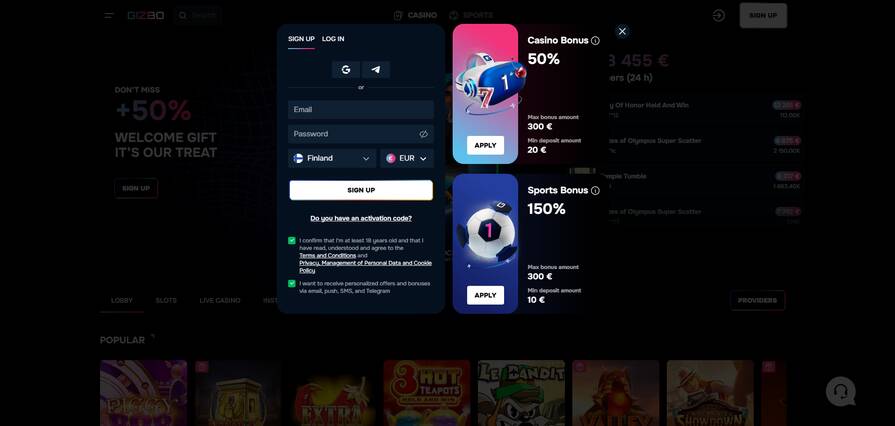 Регистрация в казино Gizbo