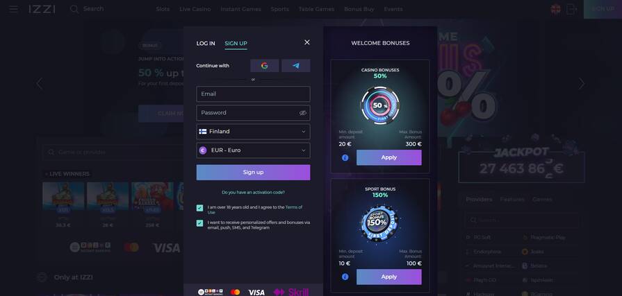 Регистрация в казино Izzi