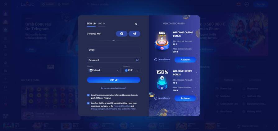 Регистрация в казино Legzo