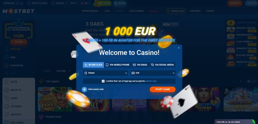 Регистрация в казино Mostbet