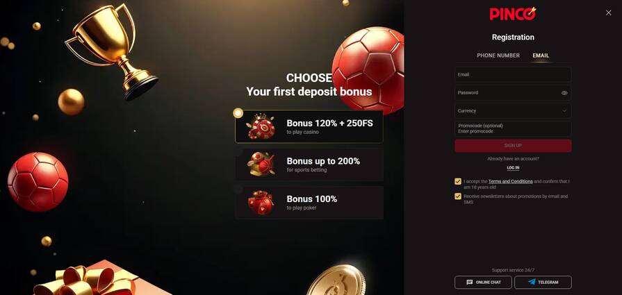 Создание аккаунта через Email в казино Пинко