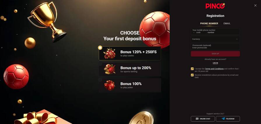 Создание аккаунта через телефон в казино Пинко