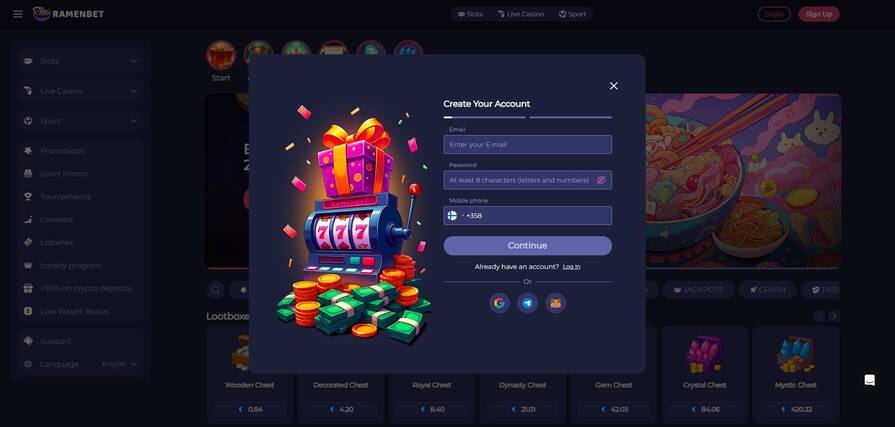Регистрация в казино Ramenbet