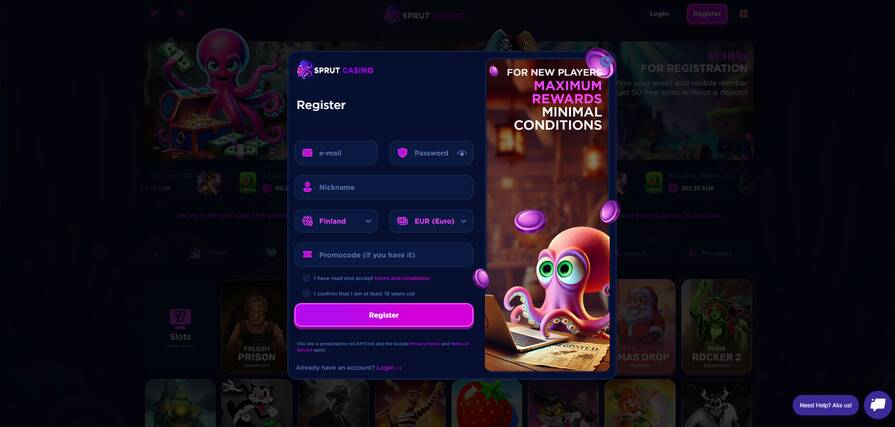 Регистрация в казино Sprut