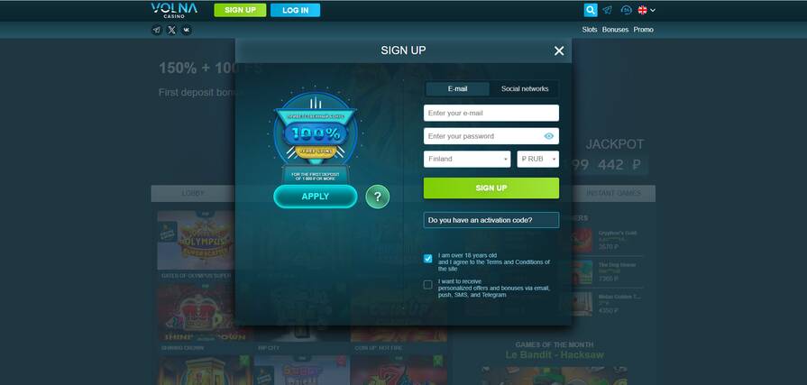 Казино Volna — регистрация через email
