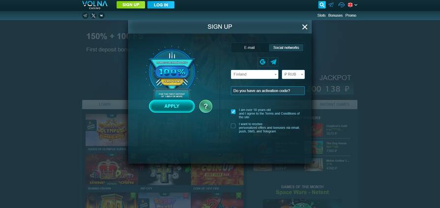 Казино Volna — регистрация через соц. сети
