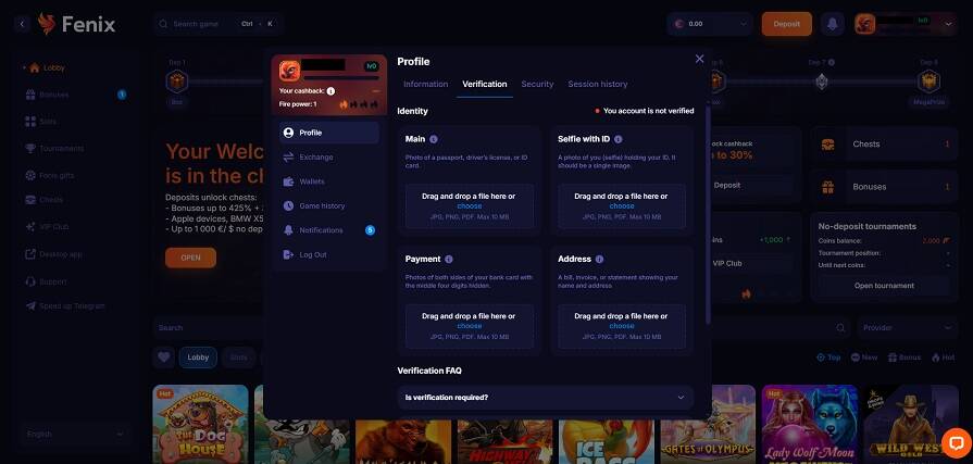 Казино Fenix верификация
