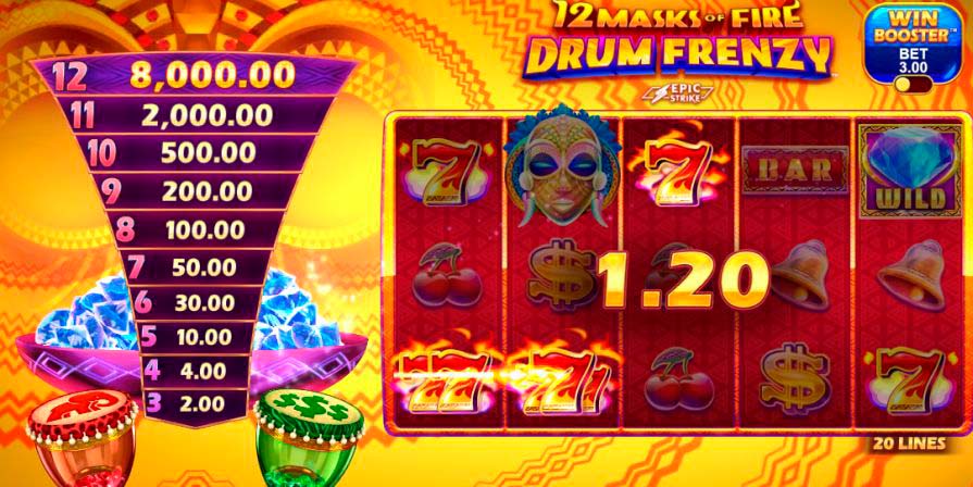 Дизайн игрового слота 12 Masks of Fire Drum Frenzy от провайдера Gameburger Studios