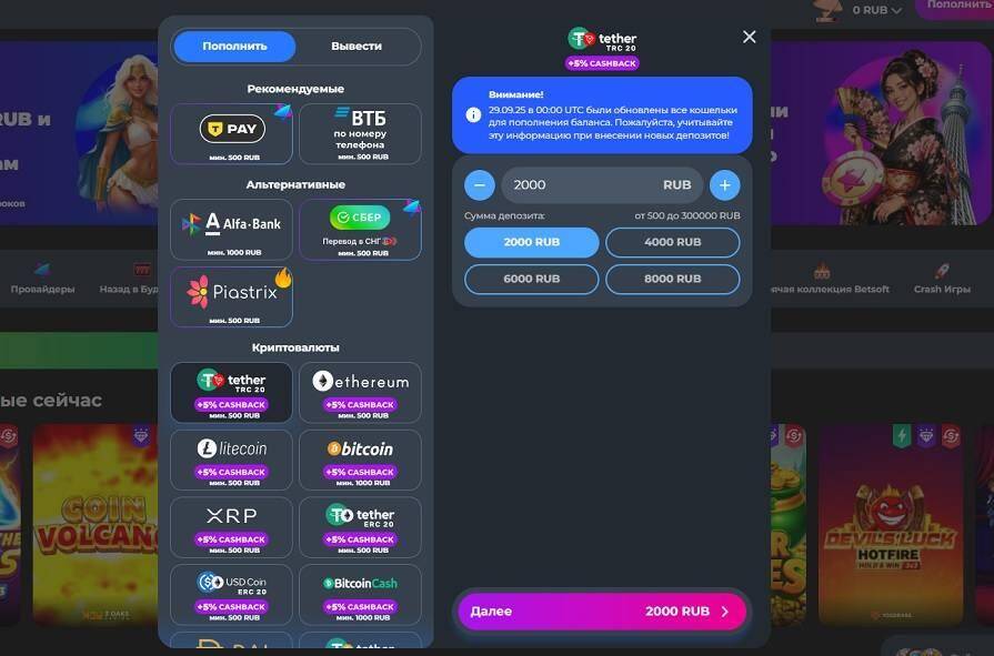 Пополнение криптовалютой в Champion Slots