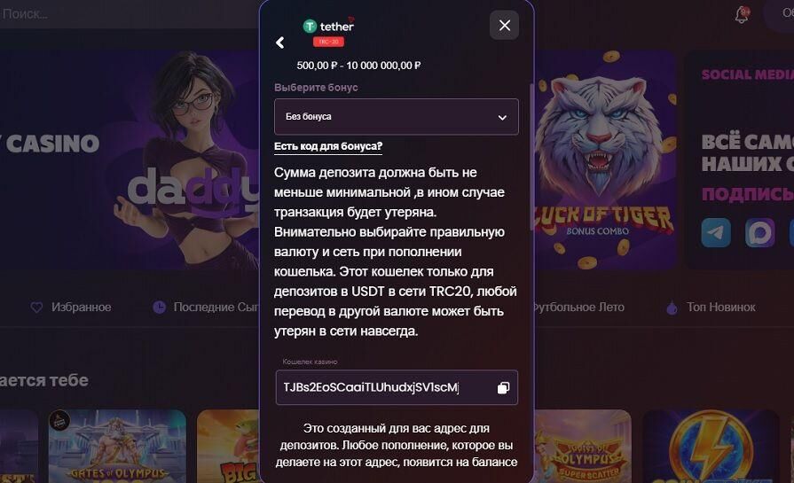 Пополнение криптовалютой в Daddy