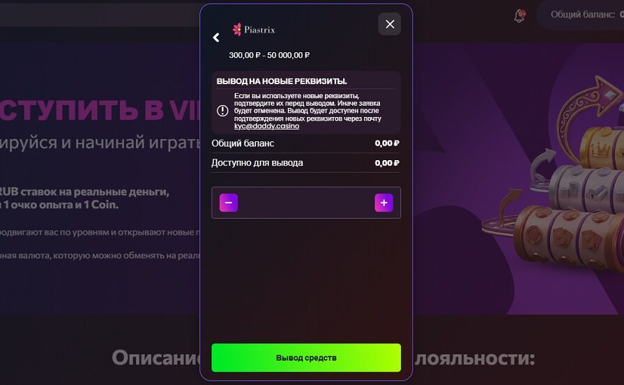 Вывод на электронный кошелек в Daddy