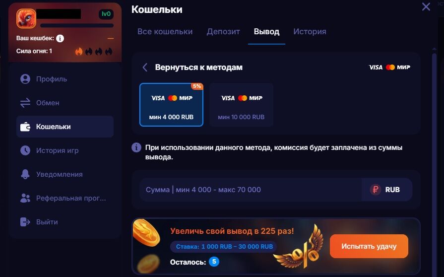 Вывод на банковскую карту в казино Fenix