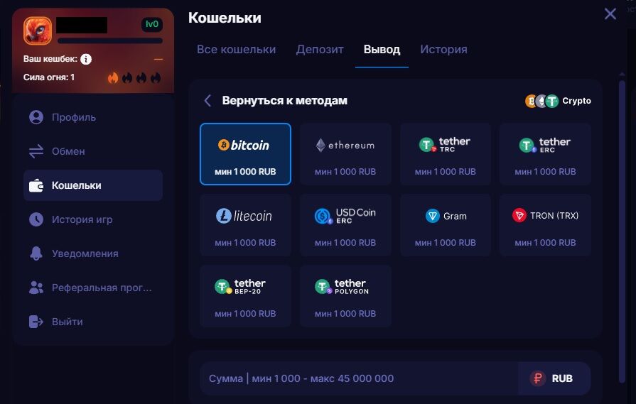 Вывод криптовалютой в казино Fenix